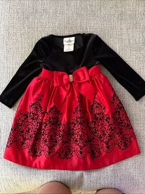 Rare Editions Black Velvet Bodice with Red Satin Damask Skirt and Bow